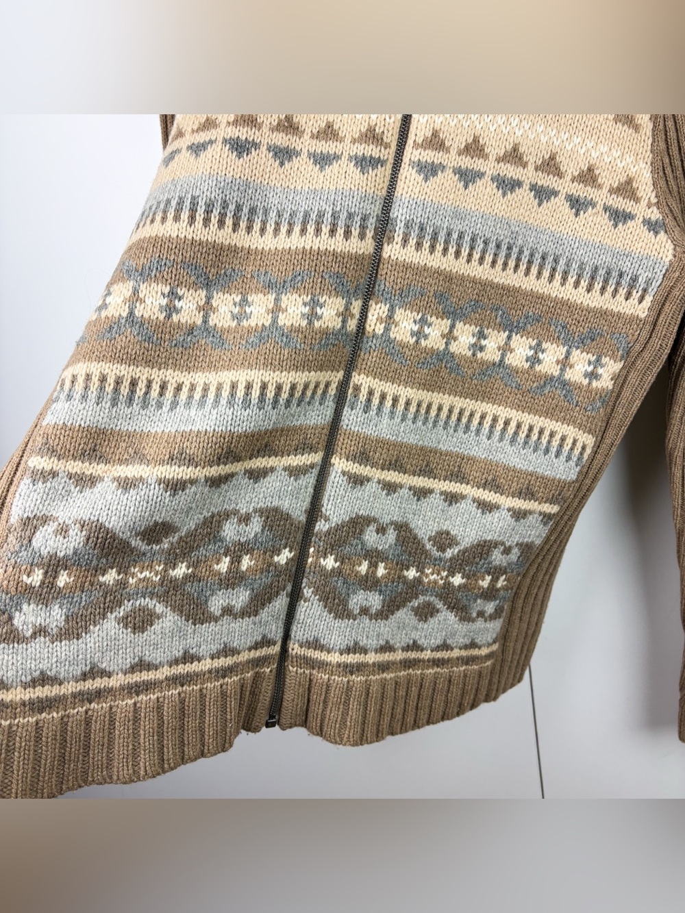 Ralph Lauren Vintage Fair Isle Fur Hooded Zip Cardigan Wool Angora Cashmere Tan - Picture 2 of 6